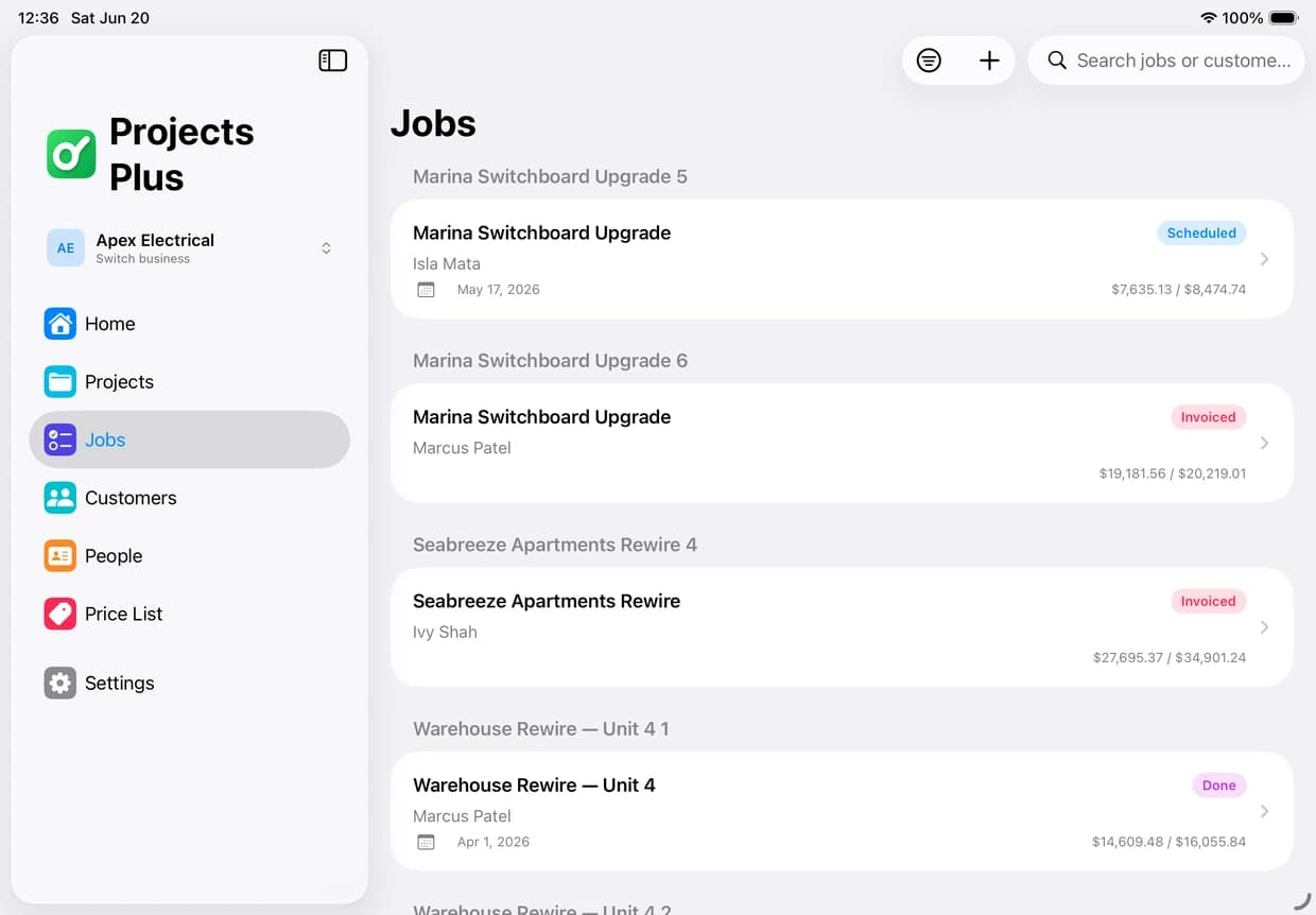 Jobs list on iPad in the Projects Plus app