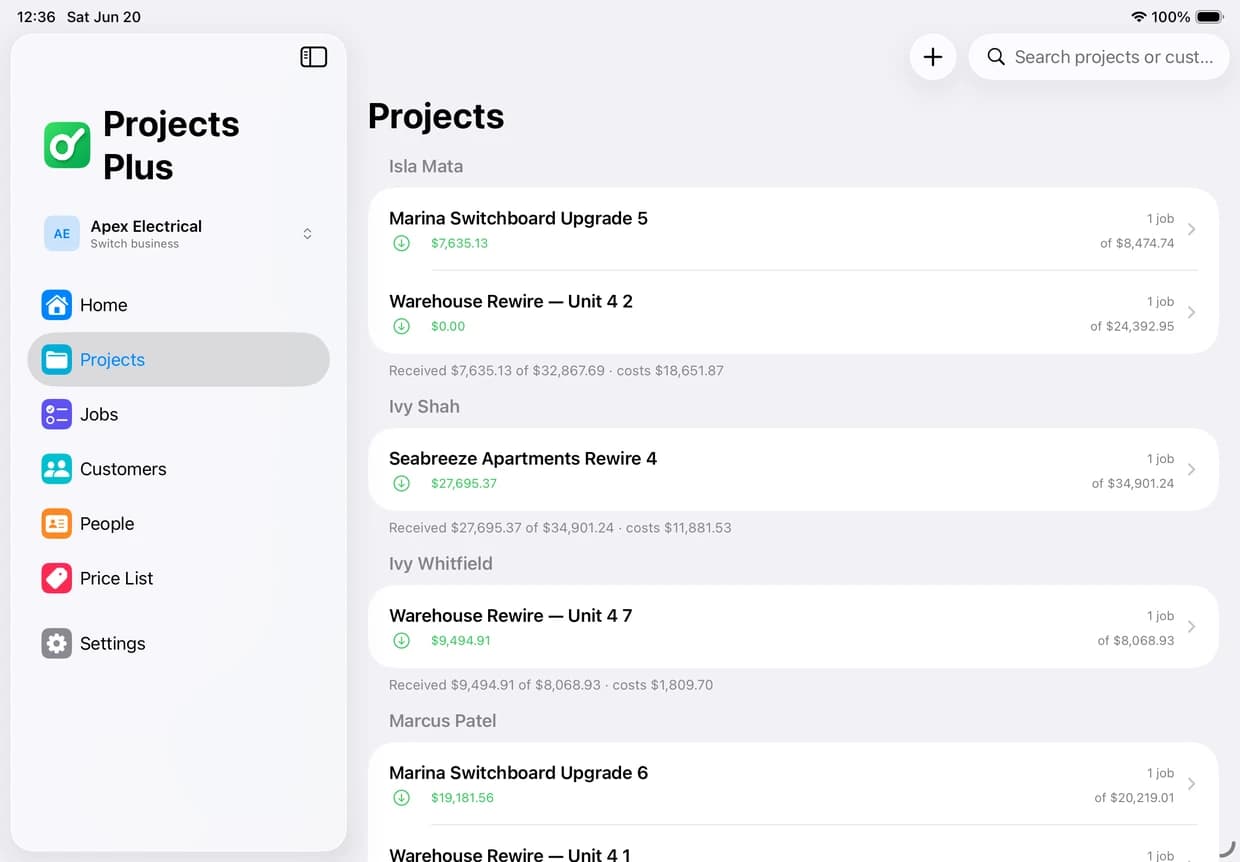 Project list on iPad in the Projects Plus app for an electrical business