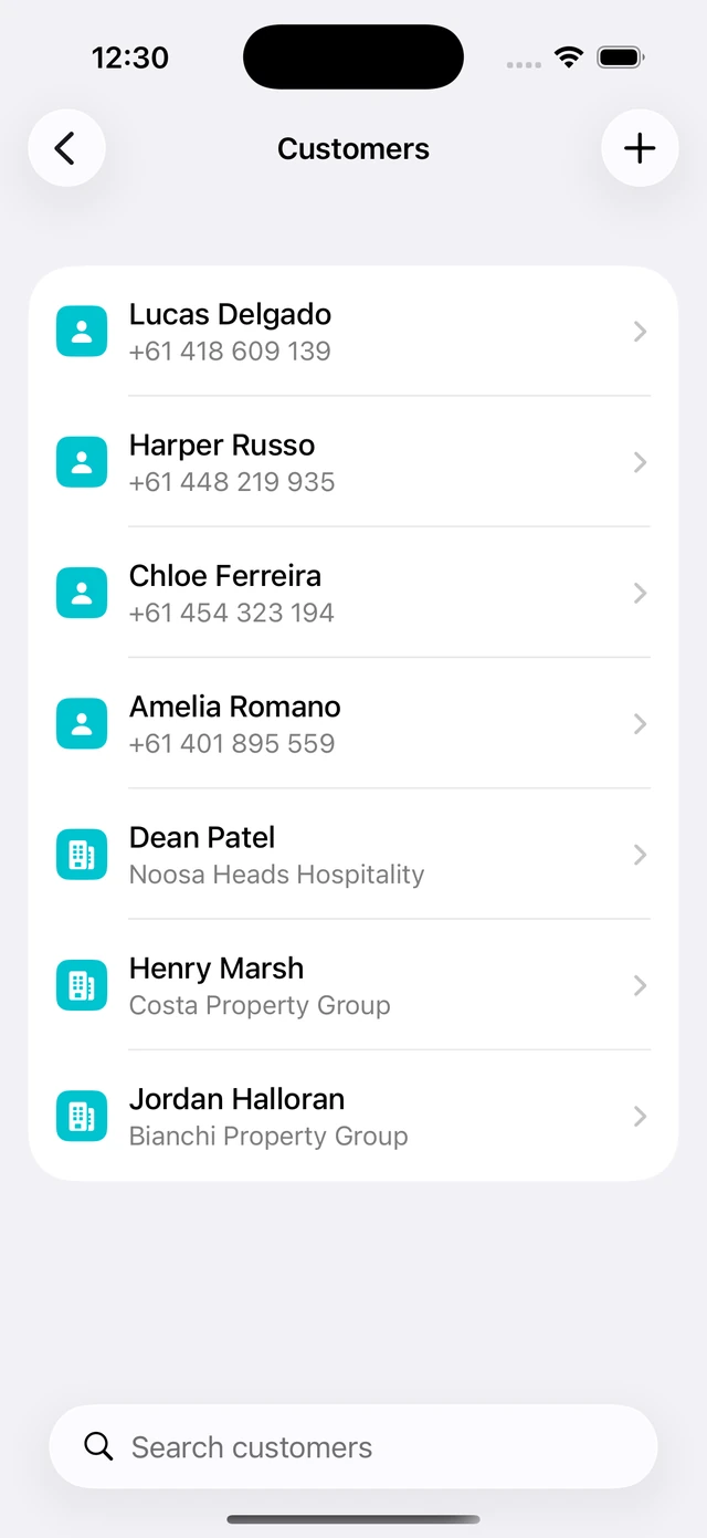 Customer list in the Projects Plus iPhone app with names, companies and contact details