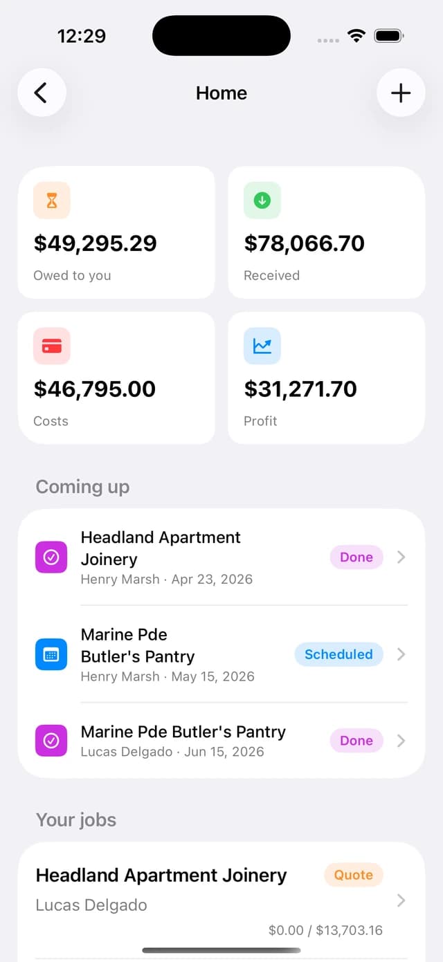 Projects Plus iPhone app dashboard showing business money in, money out and net profit for a kitchen renovation project