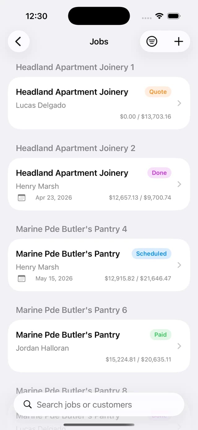 Jobs list in the Projects Plus iPhone app with status and amounts for each job