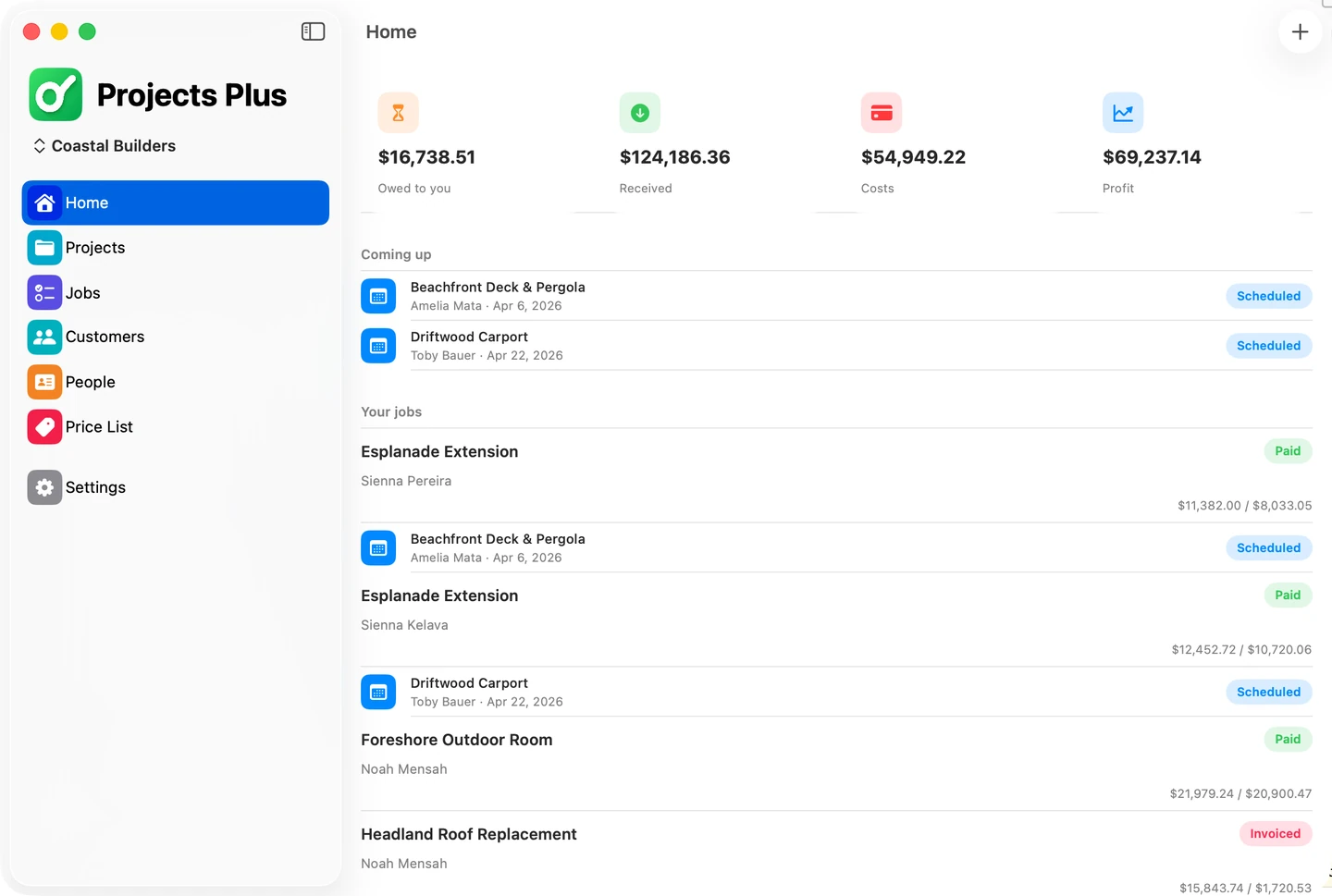 Projects Plus Mac app dashboard showing money in, money out, profit and recent activity for a building company