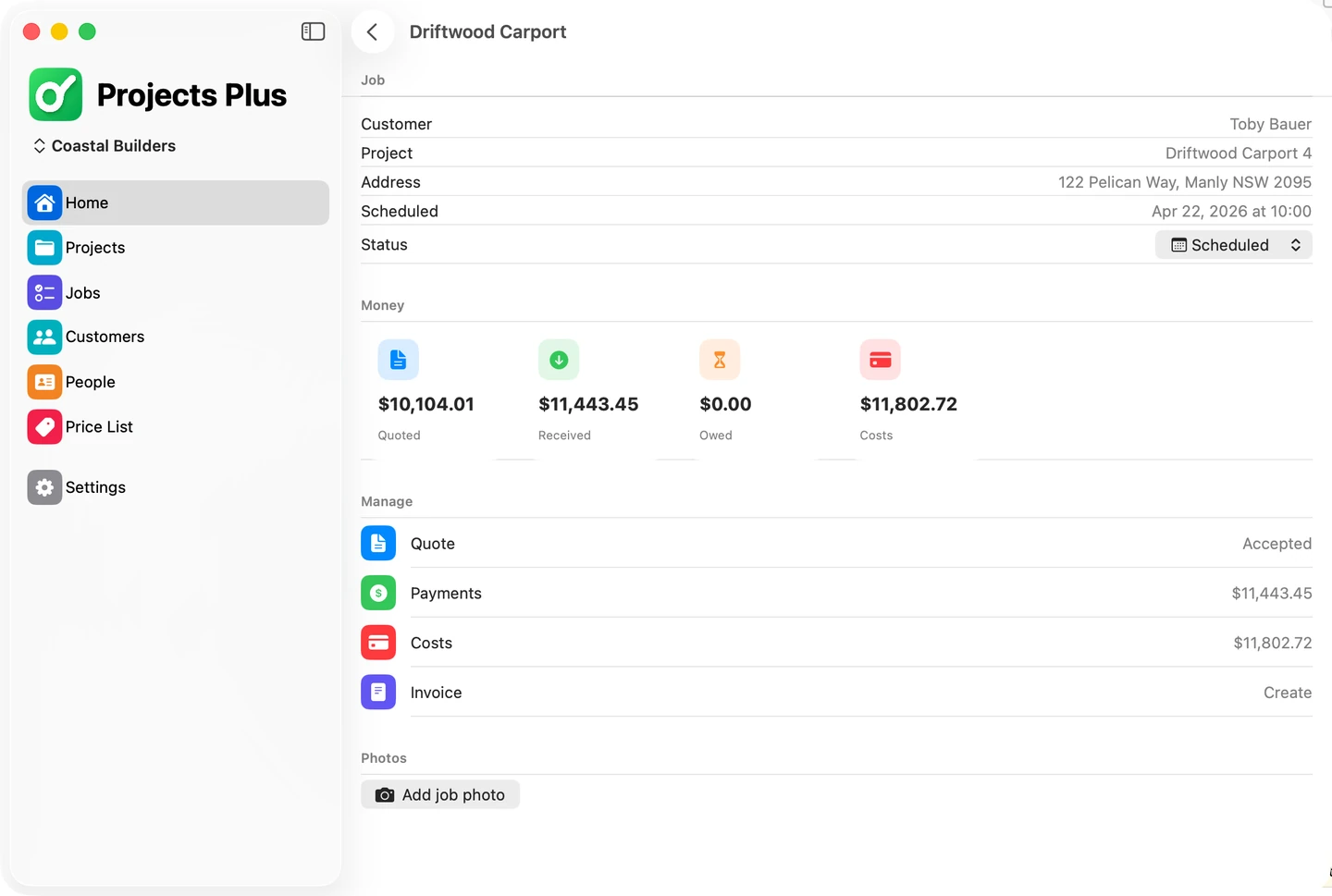 Job detail in the Projects Plus Mac app with quote, payments, expenses and invoice