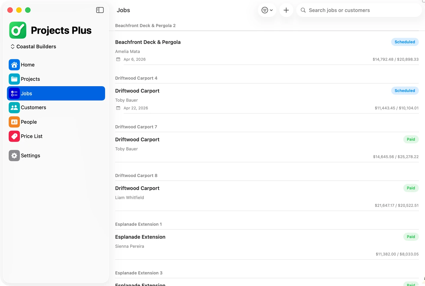 Jobs list in the Projects Plus Mac app showing each job and its value