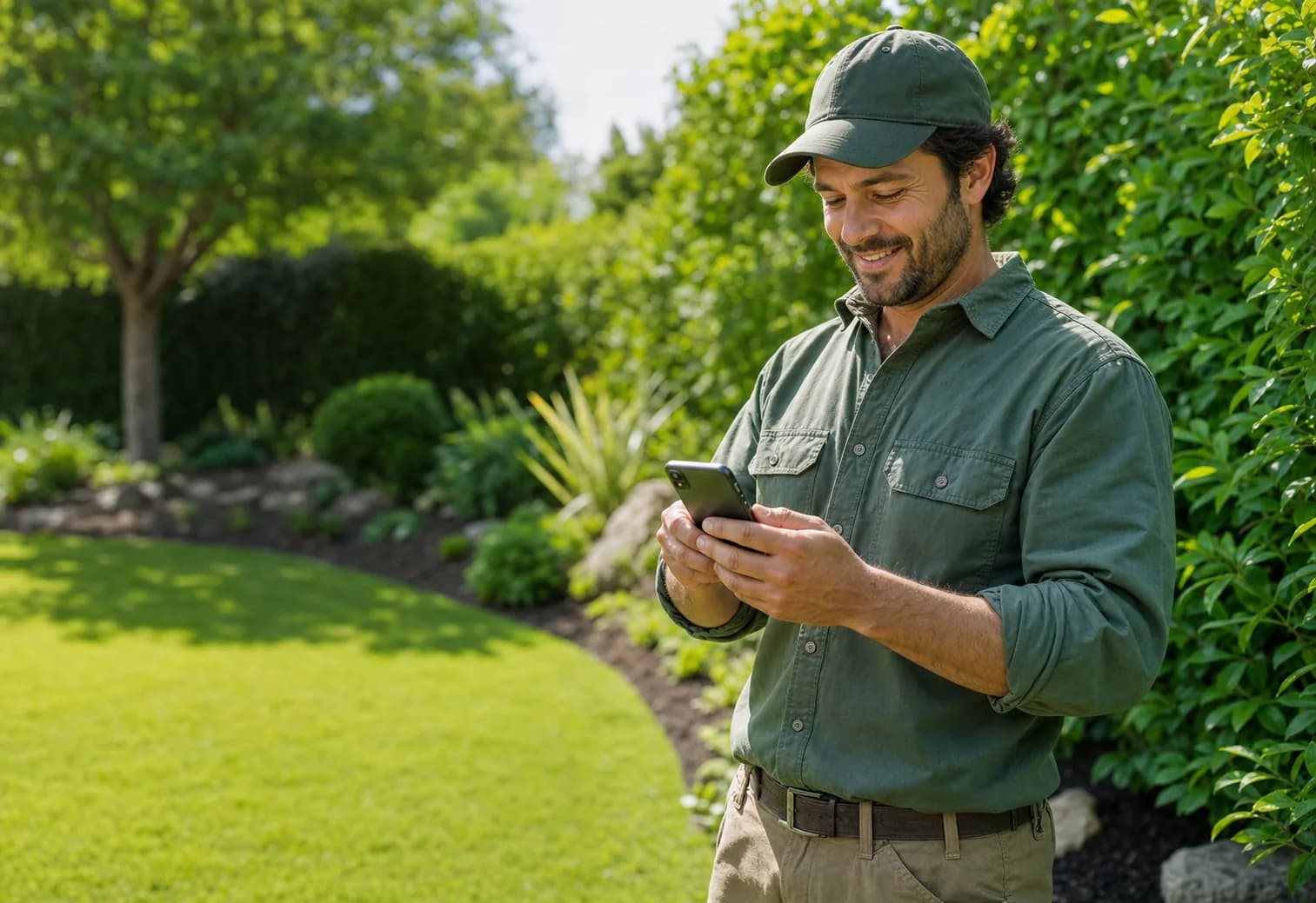 A landscaper using the Projects Plus app on his phone in a garden